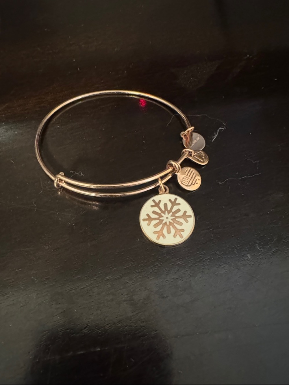 Alex and Ani rose gold snowflake charm bangle